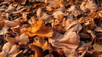 Fallen leaves texture background. Yellow brown orange dry leaves on the ground. Autumn leaves in the forest on a sunny day. Generative AI.
