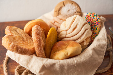 Group of assorted mexican sweet bread, traditional mexican bread.