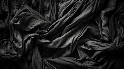 Abstract black background. Black and white background. Crumpled fabric texture. Polypropylene. The texture of the rough surface of artificial fabric. Black grunge texture background. Generative AI.