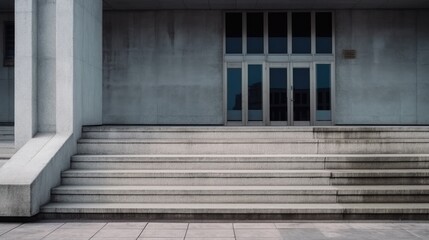 Entrance to the office building. Concrete building background with stairs, steps and pillar. Nobody. Gray concrete urban grunge background. Generative AI.