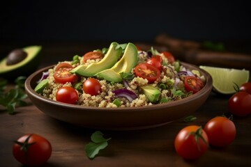 quinoa salad with sliced avocados and cherry tomatoes on top