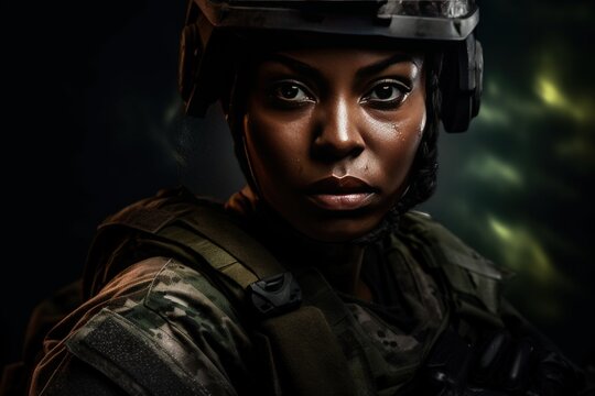 Young black woman wearing military uniform including camouflage fatigues and a helmet. She is ready for war to protect and serve her country, Generative AI Technology