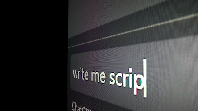 Closeup macro shot movement of coding script moving across LED screen with real-time AI-generated typing, showcasing advanced AI learning in optimization, debug and coding for software development.
