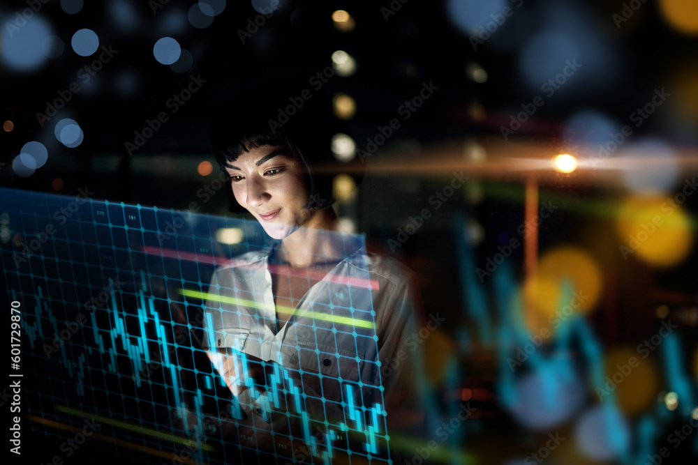 Poster business woman, tablet and dashboard at night of stock market, trading or graph and chart data at of