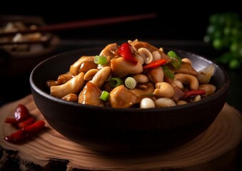 Kung pao chicken with sliced water chestnuts and bamboo shoots