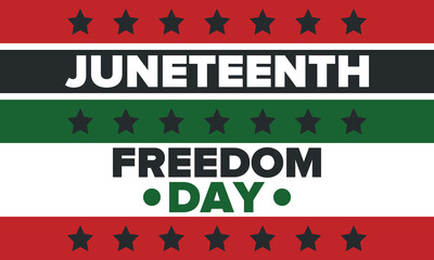 Juneteenth Independence Day. Freedom or Emancipation day. Annual american holiday, celebrated in June 19. African-American history and heritage. Poster, greeting card, banner and background. Vector