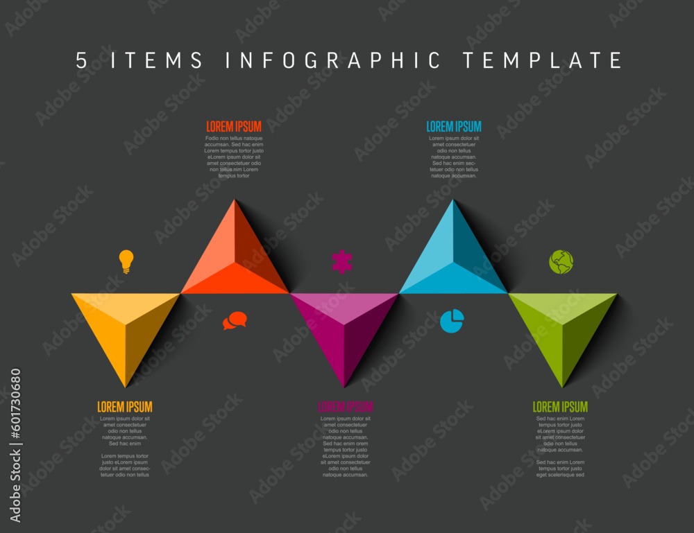 Poster five horizontal items elements template with icons and triangle arrows on dark background