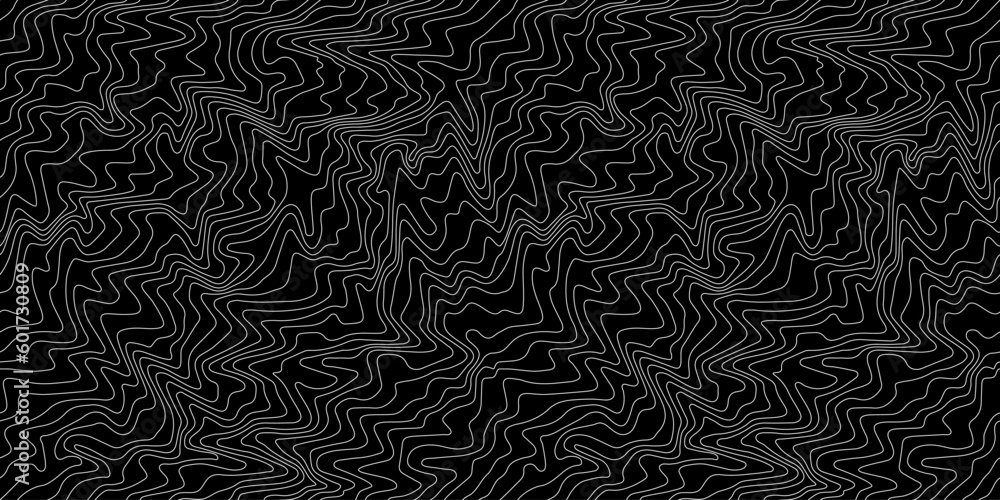 Aufkleber Weather Map Black Background with White Waves. Abstract Vector Seamless Pattern with Contour Lines. Monohrome Geometric Linear Topographic Texture