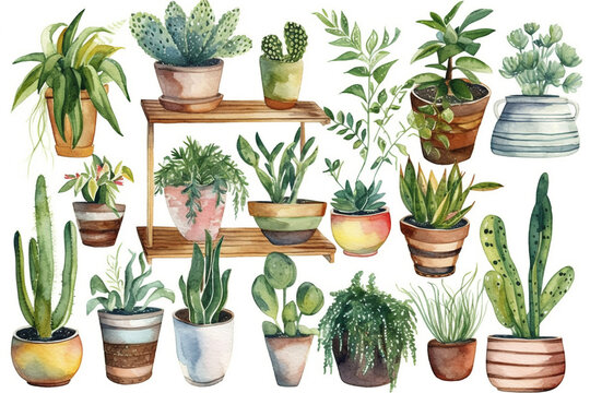 Collection of plants in pots. Generative Ai