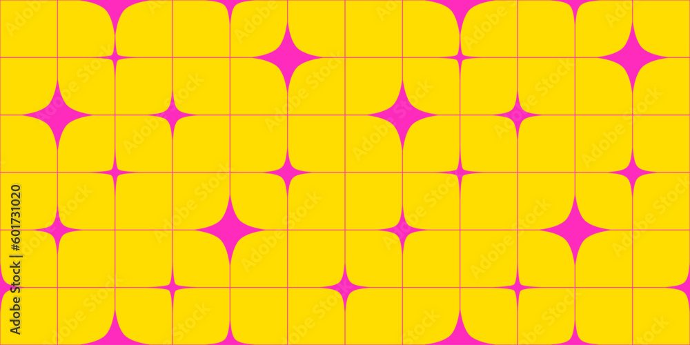 Aufkleber Vector Seamless Pattern with Pink Stars on Yellow Background. Abstract Y2k Geometric Background. Minimal Texture with Lines and Sparkle Stars Shapes