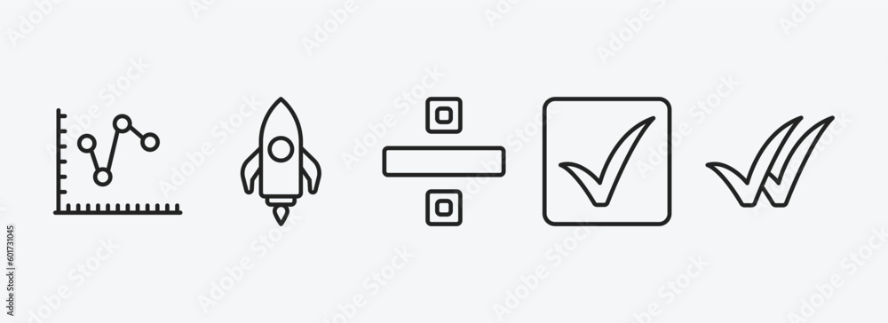Poster user interface outline icons set. user interface icons such as multiple variable lines, rocket launc