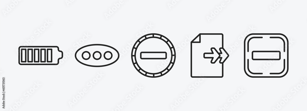 Poster user interface outline icons set. user interface icons such as charging status, more, minus, next pa