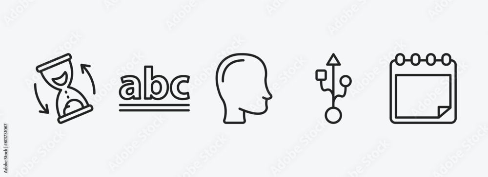 Poster user interface outline icons set. user interface icons such as waiting, lowercase, head, usb port, p