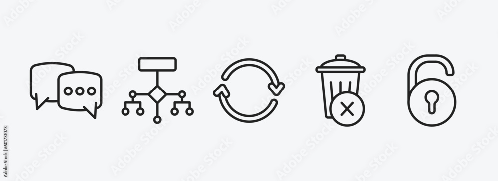 Poster user interface outline icons set. user interface icons such as bubble speech, flow chart interface, 