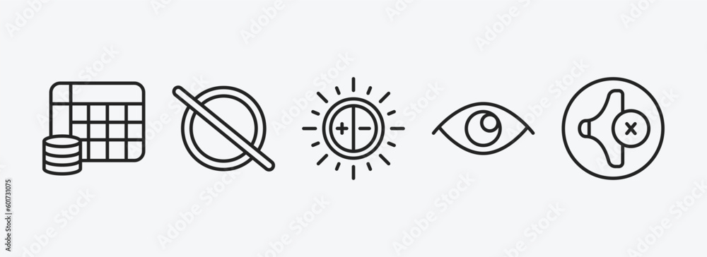 Poster user interface outline icons set. user interface icons such as table for data, forbbiden, brightness