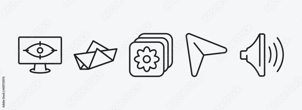 Poster user interface outline icons set. user interface icons such as vigilance, paper boat, pic, cursor, v