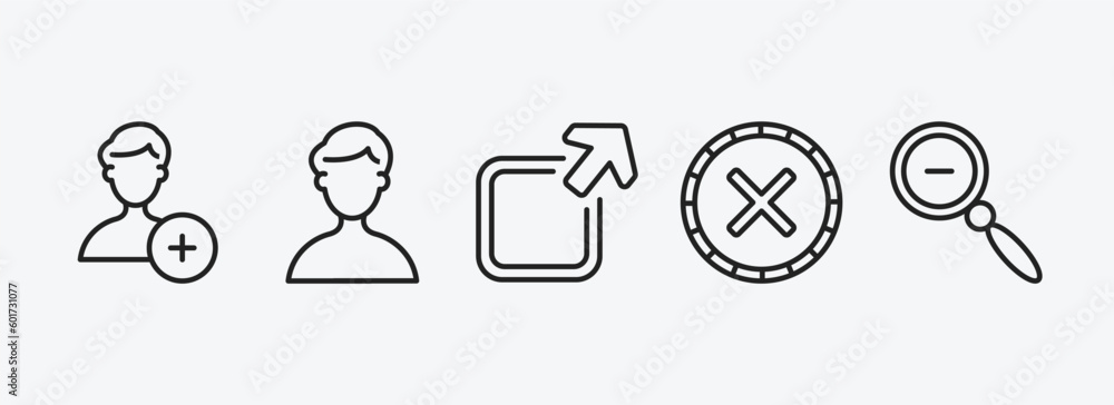 Poster user interface outline icons set. user interface icons such as add user, humans, export, wrong, zoom