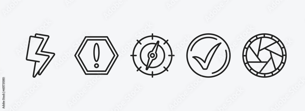 Poster user interface outline icons set. user interface icons such as lightining, exclamation button, navig