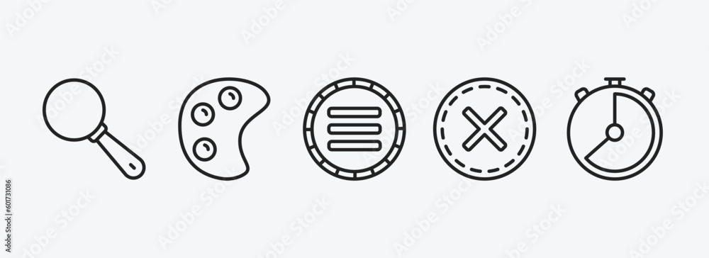 Poster user interface outline icons set. user interface icons such as look, paint, side menu, close, hour v