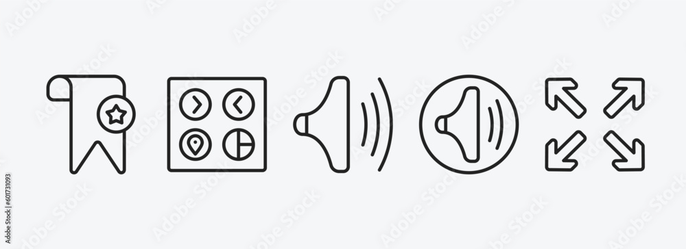 Poster user interface outline icons set. user interface icons such as bookmark, user ting interface, high v