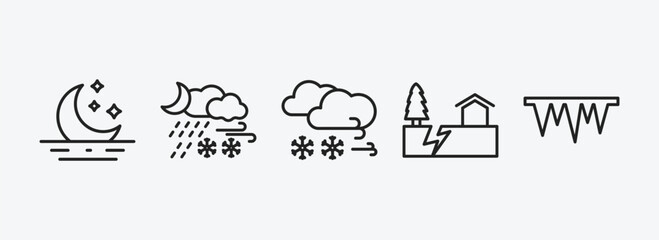 weather outline icons set. weather icons such as moonrise, meteorology, blizzard, earthquake, icy vector. can be used web and mobile.