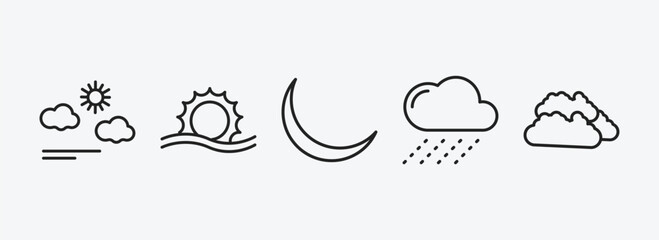 weather outline icons set. weather icons such as calm, haze, new moon, rainy, clouds vector. can be used web and mobile.