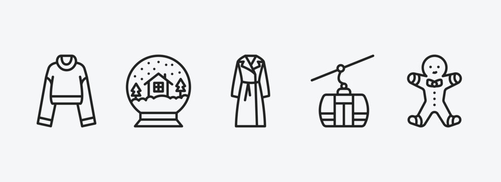 winter outline icons set. winter icons such as turtleneck sweater, snow globe, coat, ski lift, gingerbread man vector. can be used web and mobile.