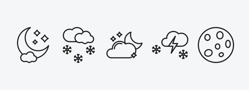 weather outline icons set. weather icons such as night, snowing, cloudy night, thundersnow, full moon vector. can be used web and mobile.