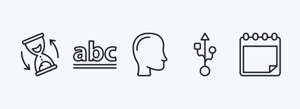 user interface outline icons set. user interface icons such as waiting, lowercase, head, usb port, padnote vector. can be used web and mobile.