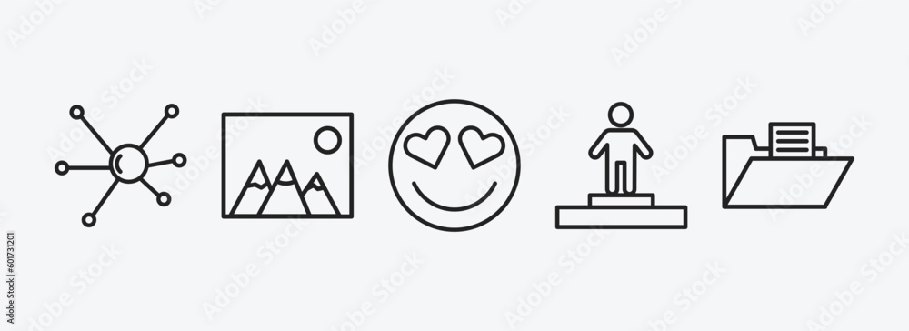 Poster user interface outline icons set. user interface icons such as nuclear cells, image with mountains, 