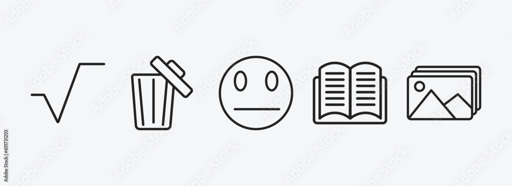 Poster user interface outline icons set. user interface icons such as square root, rubbish, sceptic smile, 
