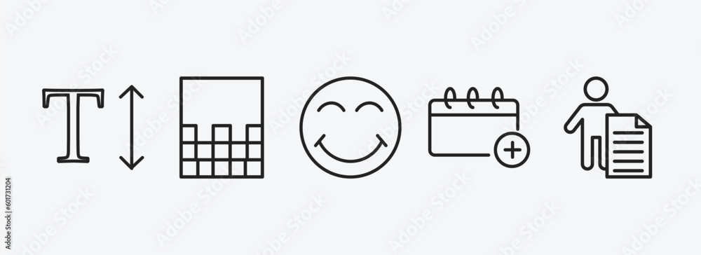 Poster user interface outline icons set. user interface icons such as text height, gradient, joyful smile, 