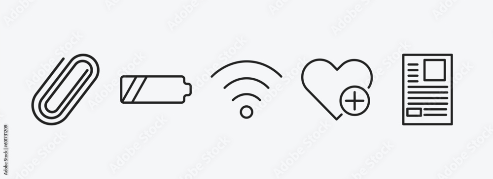 Poster user interface outline icons set. user interface icons such as shaped paper clip, battery medium cha