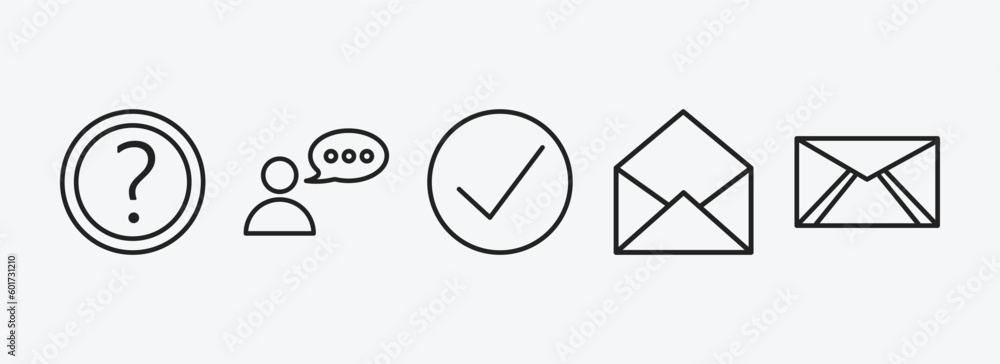 Poster user interface outline icons set. user interface icons such as round help button, user with speech b