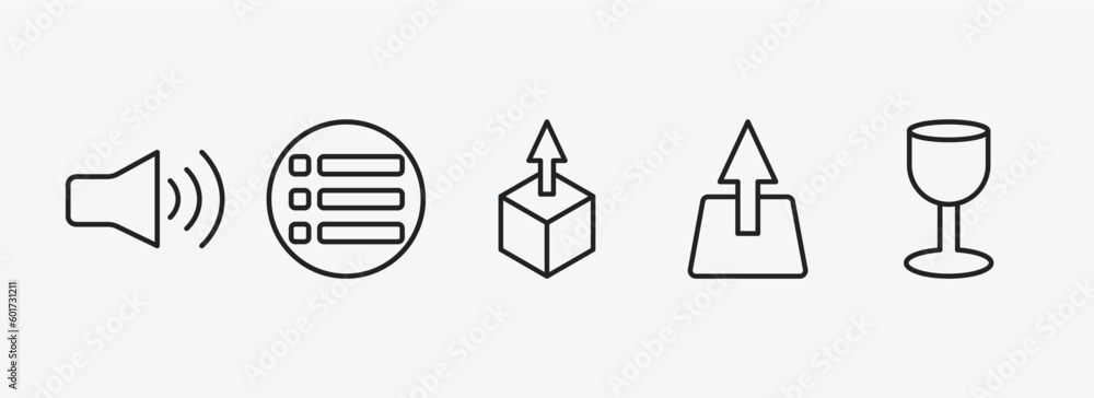 Poster user interface outline icons set. user interface icons such as high volume loudspeaker, list button,