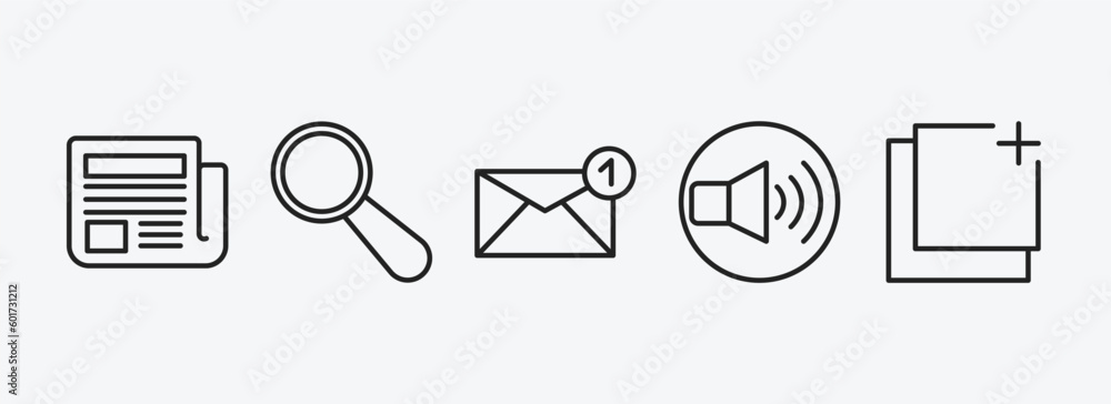 Poster user interface outline icons set. user interface icons such as folded newspaper, looking, new email 