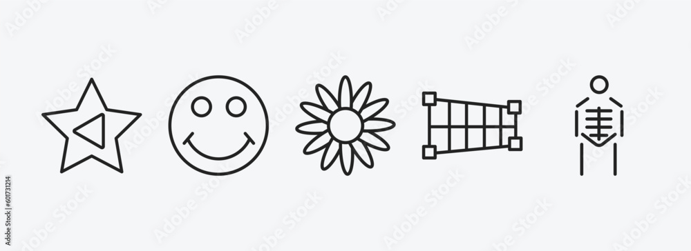 Poster user interface outline icons set. user interface icons such as cinema star, smiling smile, image of 