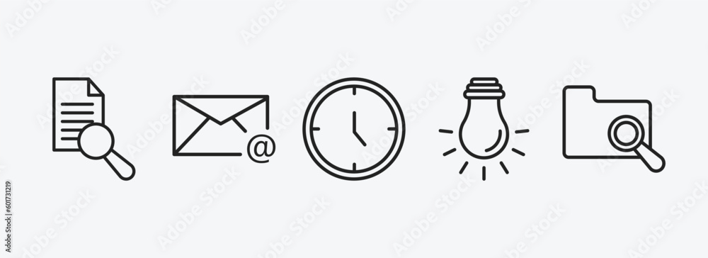 Poster user interface outline icons set. user interface icons such as search file, email evelope, hours, tu