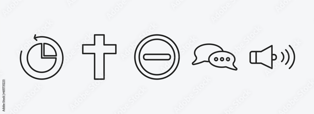 Poster user interface outline icons set. user interface icons such as reload pie chart, cross, remove round