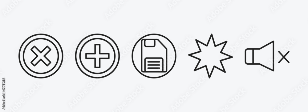 Poster user interface outline icons set. user interface icons such as round delete button, round add button