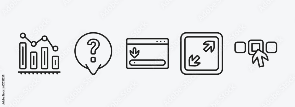 Poster user interface outline icons set. user interface icons such as decreasing bars chart, answer, window