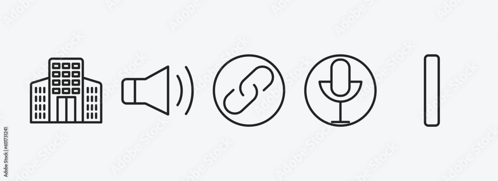 Poster user interface outline icons set. user interface icons such as offices, loud audio, link button, rec