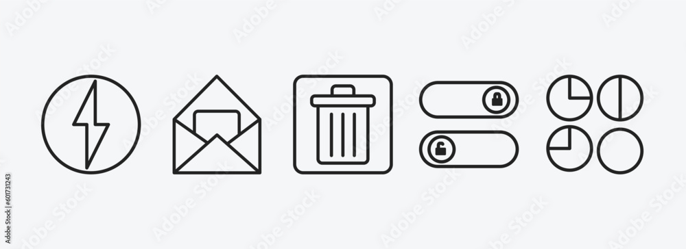 Poster user interface outline icons set. user interface icons such as lightning flash, open letter read ema