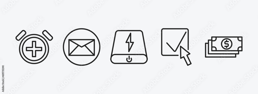 Poster user interface outline icons set. user interface icons such as alarm button, email envelope button, 
