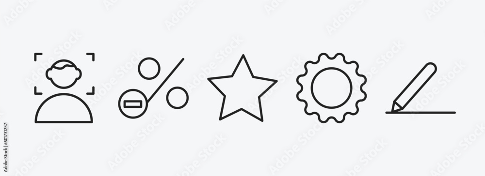Poster user interface outline icons set. user interface icons such as face detection, less percentage, roun