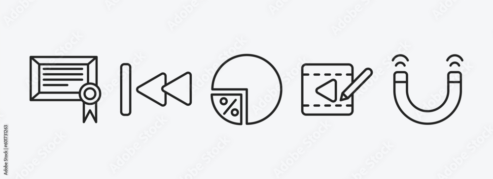 Poster user interface outline icons set. user interface icons such as digital certificate, backward track, 