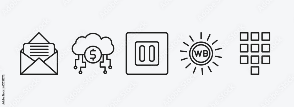 Poster user interface outline icons set. user interface icons such as letter envelope, digital currency, sq