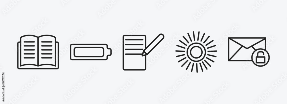 Poster user interface outline icons set. user interface icons such as open diary, battery loaded, form, loa