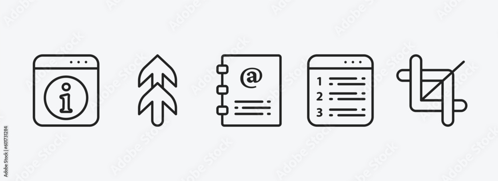 Poster user interface outline icons set. user interface icons such as information button, top arrows, conta