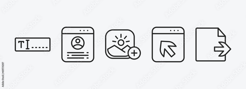 Poster user interface outline icons set. user interface icons such as text box, accounts, insert picture, d